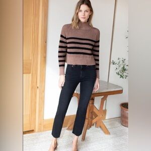 Emerson Fry Boxy Funnel Neck Stripe Sweater Waffle Knit Texture Dark Camel Black